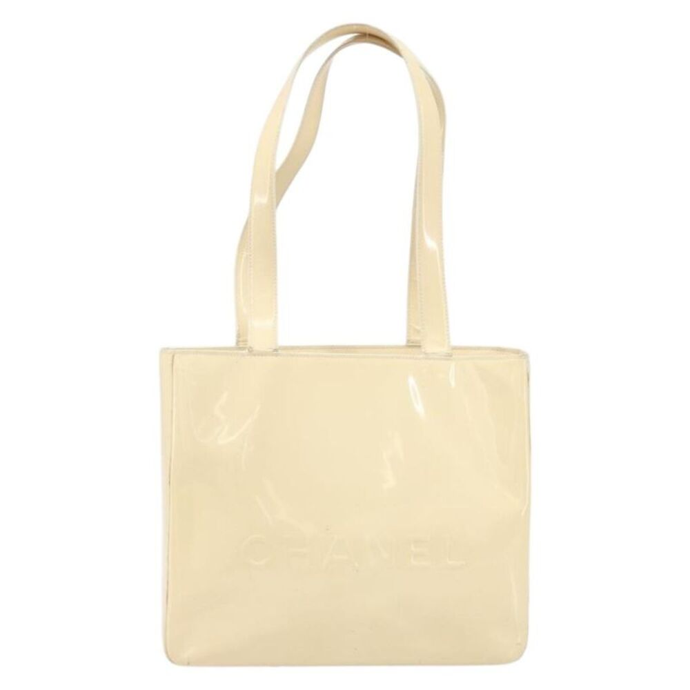 Chanel Vintage Embossed Logo Shoulder Patent Beige Patent_Leather Tote Bag Bag